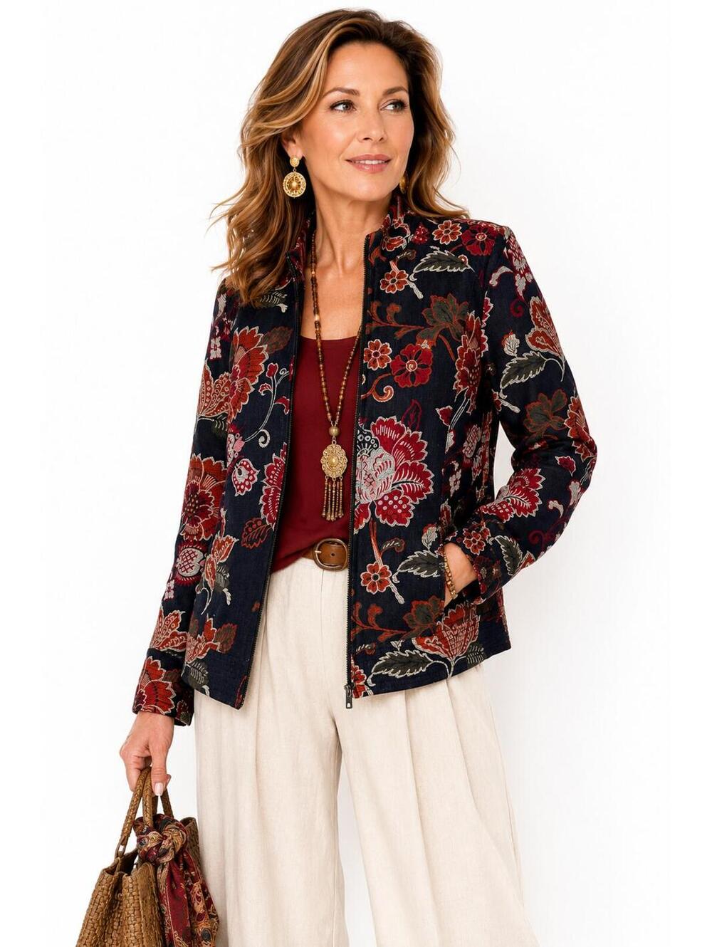 Chico’s Floral Tapestry Zip Front Jacket Size 1 Navy Red Cotton Lined Boho Artsy